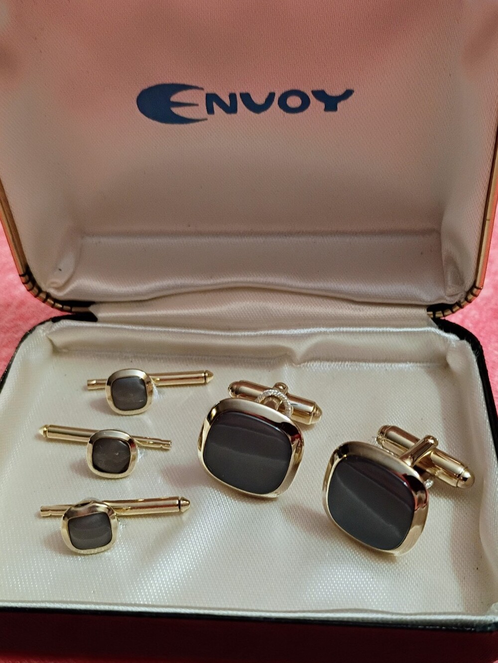 Gold-Tone Gray Stone Cufflinks and Shirt Stud Set